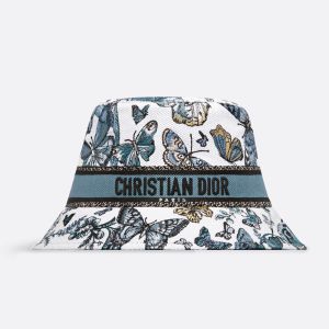Christian Dior Bucket Hat In Toile de Jouy Mexico Motif Cotton White/Blue