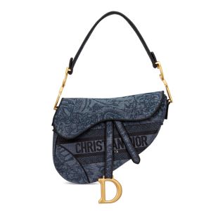 Christian Dior Saddle Bag In Toile de Jouy Motif Denim Navy Blue