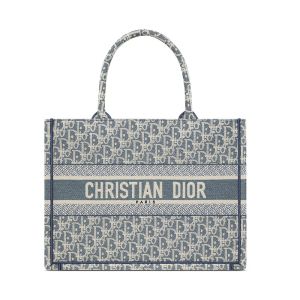 Dior Book Tote In Oblique Chambray-Effect Embroidery Blue