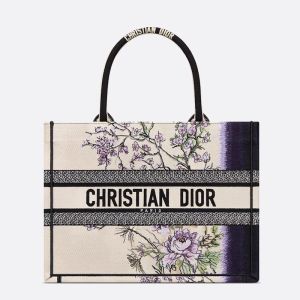 Dior Book Tote Pivoine Embroidery White/Purple