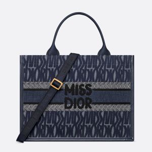 Dior Book Tote with Strap In Miss Dior Allover Motif Denim and Calfskin Blue