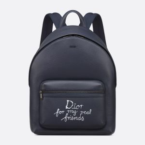 Dior Rider 2.0 Zipped Backpack In Grained Calfskin with White Print Navy Blue