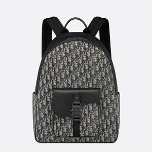 Dior Saddle Zip Backpack In Oblique Motif Canvas with Grained Calfskin Blue
