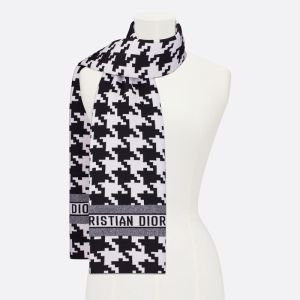 Dior Scarf In Macro Houndstooth Motif Technical Cashmere and Wool Black
