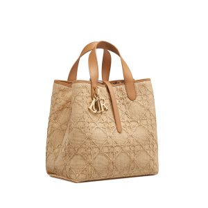 Dior Toujours Vertical Tote Bag In Cannage Raffia Beige