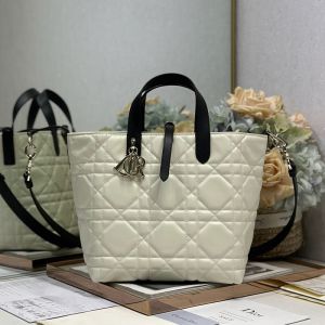 Dior Toujours Vertical Tote Bag In Macrocannage Calfskin White/Black