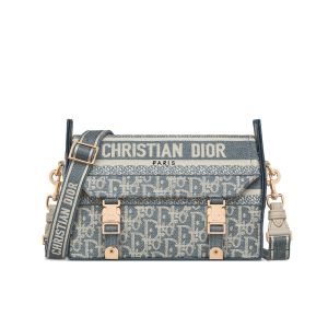 Small Diorcamp Bag In Oblique Chambray-Effect Embroidery Blue