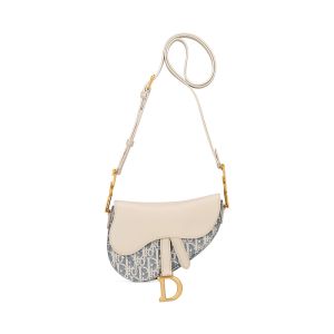 Mini Dior Soft Saddle Bag with Strap In Oblique Chambray Raffia and Smooth Calfskin Blue