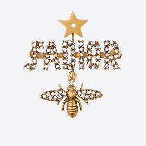 J'Adior Brooch Antique Metal with Star Charm, J'Adior Signature and Bee Charm Embellished Crystals Gold