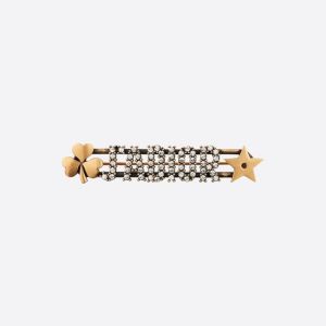 J'Adior Brooch Antique Metal with J'Adior Signature Embellished Crystals, Star and Clover Signatures Gold