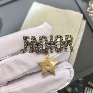 J'Adior Brooch Antique Metal with J'Adior Signature Embellished Crystals and Star Charm Gold