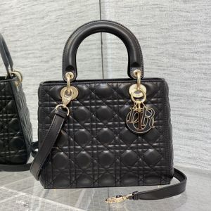 Medium Lady Dior Bag In Enamel Cannage Lambskin Black