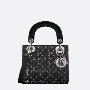 Mini Lady Dior Bag In Strass Cannage Satin Black