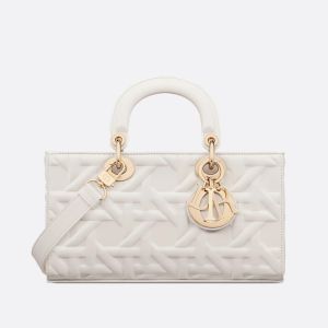Medium Lady D-Joy Bag In Graphic Cannage Calfskin White