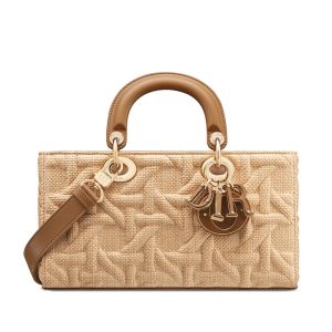 Medium Lady D-Joy Bag In Graphic Cannage Raffia Beige