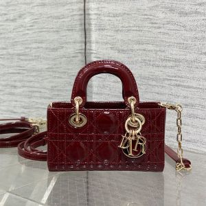 Micro Lady D-Joy Bag In Patent Cannage Calfskin Burgundy