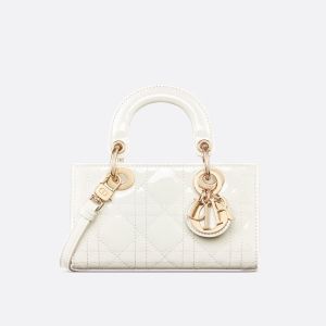 Mini Lady D-Joy Bag In Patent Cannage Calfskin White