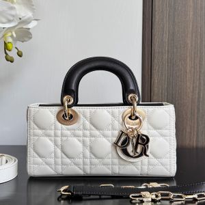 Small Lady D-Joy Bag In Enamel Cannage Lambskin White/Black