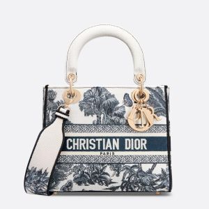 Medium Lady D-lite Bag In Toile de Jouy Palms Motif Canvas White/Blue