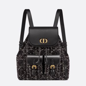 Medium Dior Caro Backpack In Cannage Motif Tweed Black