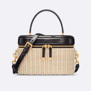Medium Dior CD Signature Vanity Case Wicker and Calfskin Black