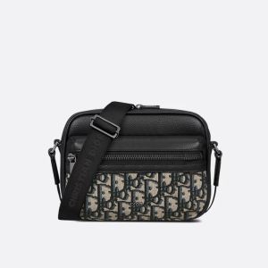 Mini Dior Rider 2.0 Zipped Messenger Bag In Grained Calfskin and Oblique Motif Canvas Black/Blue