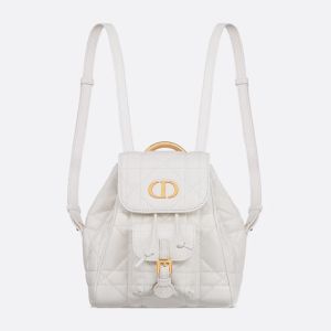 Small Dior Caro Backpack In Macrocannage Lambskin White