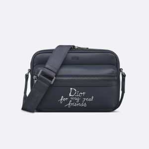 Small Dior Rider 2.0 Zipped Messenger In Grained Calfskin with White Print Navy Blue