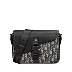 Small Dior Saddle Flap Messenger In Oblique Motif Canvas and Grained Calfskin Blue