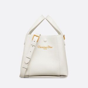 Small Dior Signature Bucket Bag In Grained Calfskin White