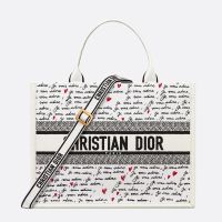 Dior Book Tote with Strap In Dioramour Je Vous Adore Embroidery and Calfskin White