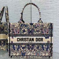 Dior Book Tote In Toile De Jouy Papillon Motif Canvas Beige
