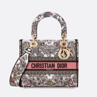 Medium Lady D-lite Bag In Butterfly Around The World Motif Canvas White/Pink