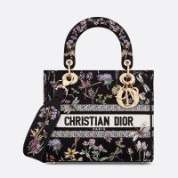 Medium Lady D-Lite Bag In Herbarium Embroidery Black