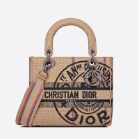 Medium Lady D-Lite Bag In Jute Canvas Embroidered with Dior Union Motif Beige