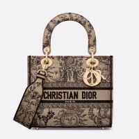 Medium Lady D-lite Bag In Toile de Jouy Soleil Motif Canvas Beige