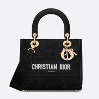 Medium Lady D-Lite Bag In Toile de Jouy Soleil Macrame Embroidery Black
