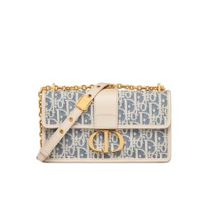 Dior 30 Montaigne East-West Bag with Chain In Oblique Chambray Raffia Blue