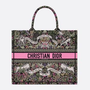 Dior Book Tote In Flowers Around the World Motif Canvas Black