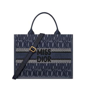 Dior Book Tote with Strap In Miss Dior Allover Embroidered Denim and Calfskin Blue