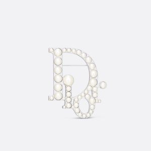 Dior Oblique Brooch Metal with Dior Oblique Embellished Resin Pearls Silver