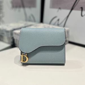 Dior Saddle Trifold Wallet In Grained Calfskin Blue