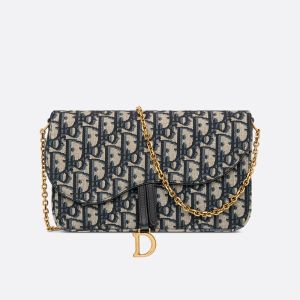 Medium Dior Saddle Pouch with Chain In Oblique Motif Canvas Blue