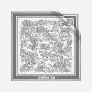 Dior Square Scarf In Toile de Jouy Sauvage Motif Silk Grey