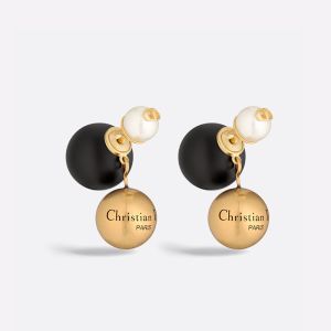 Dior Tribales Earrings Antique Metal with Resin Pearls, CD Signature and Ball Charms Gold/Black