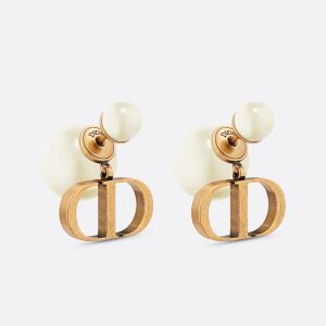 Dior Tribales Earrings Antique Metal with Resin Pearls and CD Signatures Gold/White