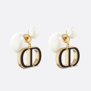 Dior Tribales Earrings Metal with Resin Pearls and Petit CD Signatures Embellished Lacquer Gold/Black