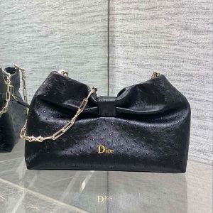 Small Dior Bow Bag In Ostrich Leather Black
