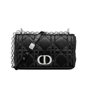 Medium Dior Caro Bag In Macrocannage Lambskin Black/Silver