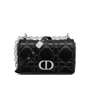 Small Dior Caro Bag In Macrocannage Lambskin Black/Silver